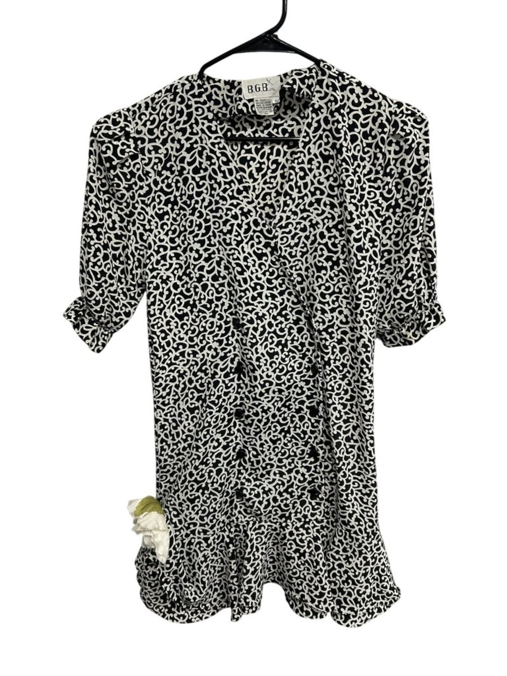 B.G.B. 10 Black White Scroll Print Floral Dress Ruffled Hem 90s Minimalism